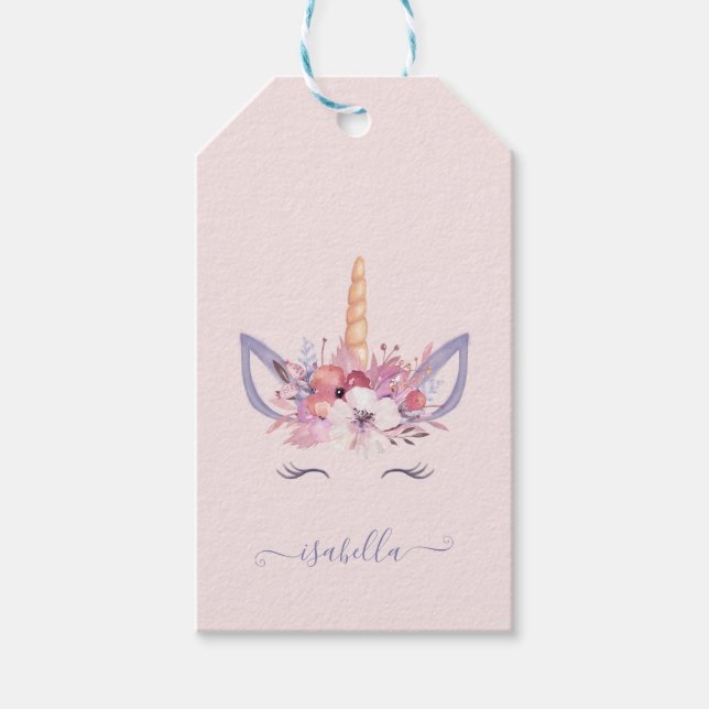 Étiquettes-cadeau Anniversaire de l'aquarelle florale de licorne (Devant)