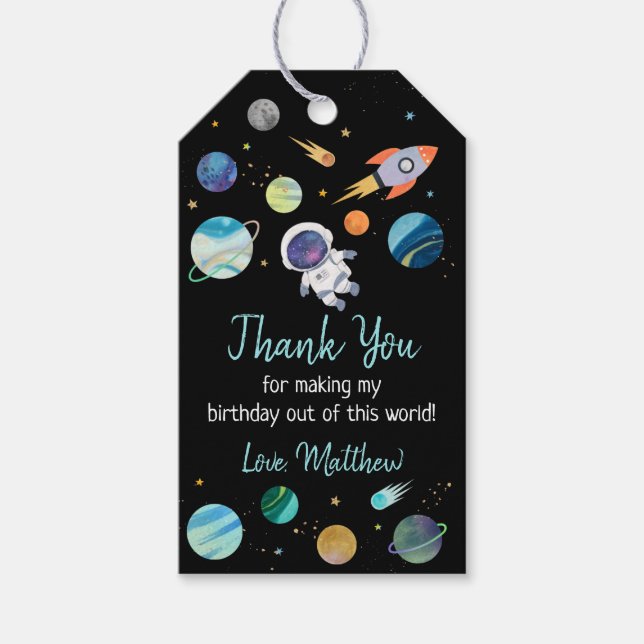 Étiquettes-cadeau Anniversaire de l'astronaute bleu (Devant)