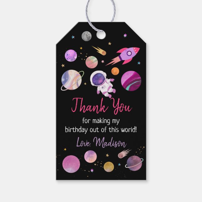 Étiquettes-cadeau Anniversaire de l'astronaute spatiale rose (Devant)