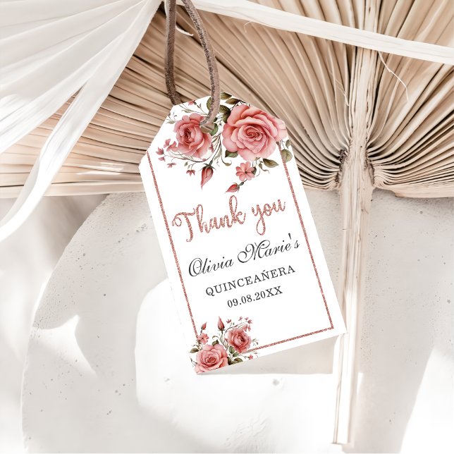 Étiquettes-cadeau Anniversaire de Quinceanera à fleurs roses blanche (Créateur téléchargé)