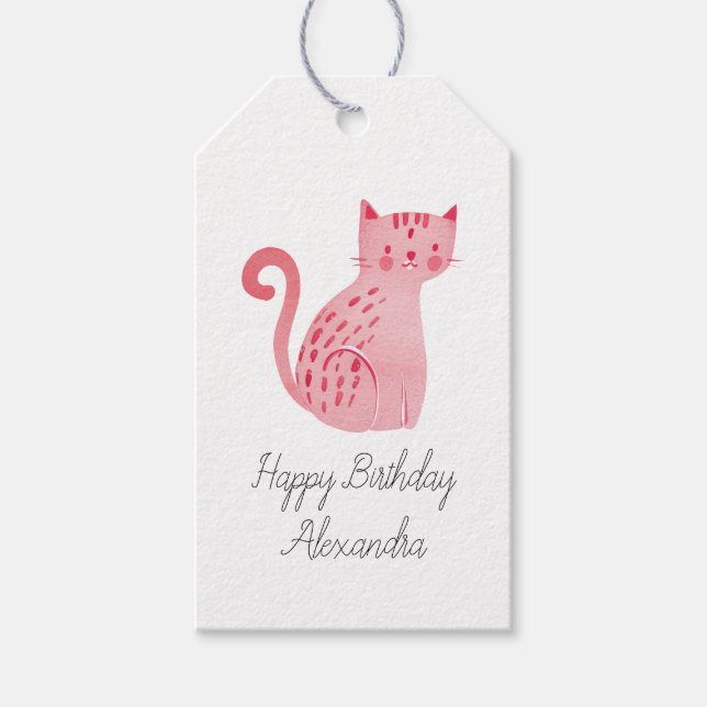 Étiquettes-cadeau Anniversaire du chat rose (Devant)