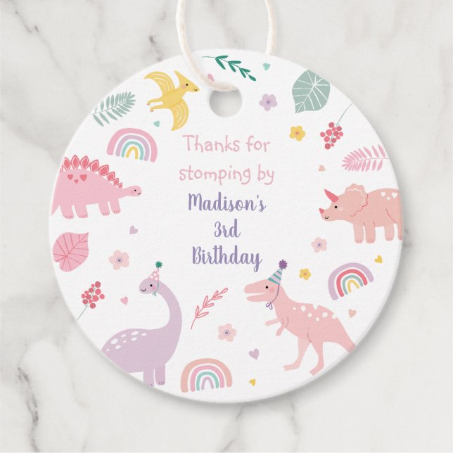 Étiquettes Cadeau Anniversaire du Dinosaure Boho Rose (Devant)