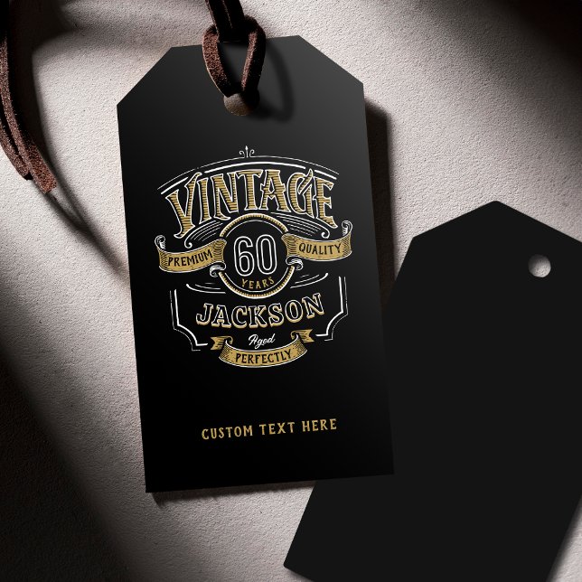 Étiquettes-cadeau Anniversaire Noir & Or Vieilli à la Perfection (Black & Gold Vintage Aged To Perfection Birthday Gift Tags)