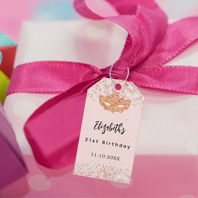 Étiquettes-cadeau Anniversaire rose d'or blush mascarade masque fête (Créateur téléchargé)