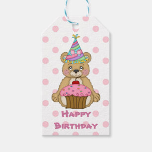 Étiquettes-cadeau Anniversaire rose d'ours de Polkadot