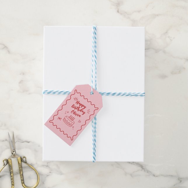 Étiquettes-cadeau Anniversaire rouge et rose (Avec de laficelle)
