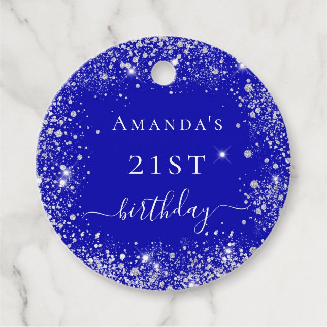 Étiquettes Cadeau Anniversaire royal bleu argent parties scintillant (Devant)