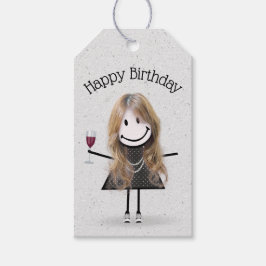 Étiquettes-cadeau Anniversaire Stick Girl avec vin et Basket