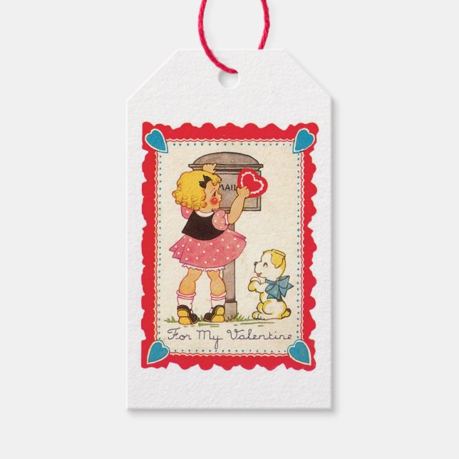 Étiquettes-cadeau Antique Valentine fille avec chiot (Devant)