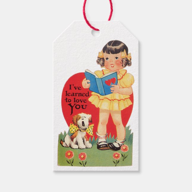 Étiquettes-cadeau Antique Valentine fille avec chiot (Devant)