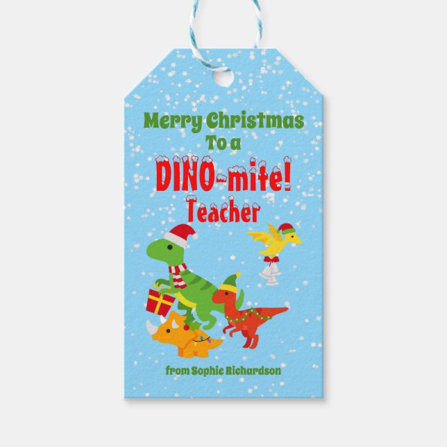 Étiquettes-cadeau Appréciation de l'enseignant de Noël Enfants Dinos (Devant)