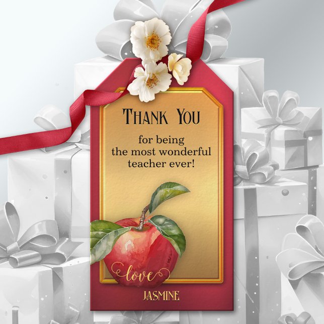 Étiquettes-cadeau Appréciation de l'enseignant Gold Red Apple (An elegant Teacher Thank You gift tag featuring a red apple on a red burgundy with gold design)
