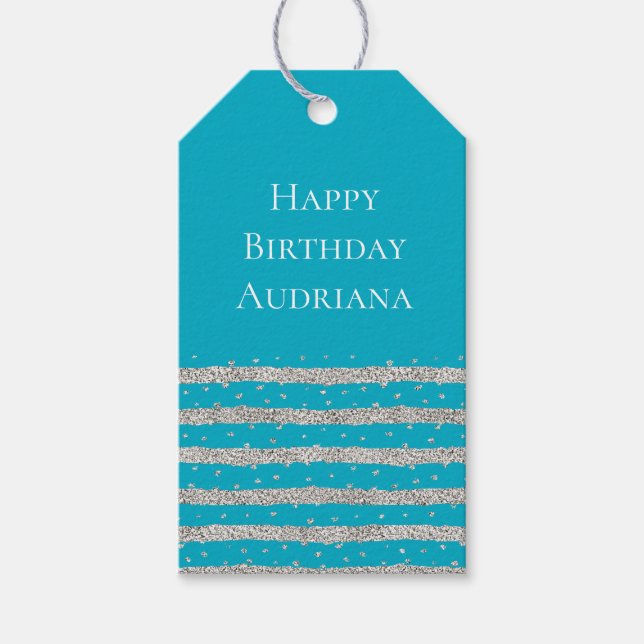 Étiquettes-cadeau Aqua Blue Silver Sparkly Confetti Stripes (Devant)