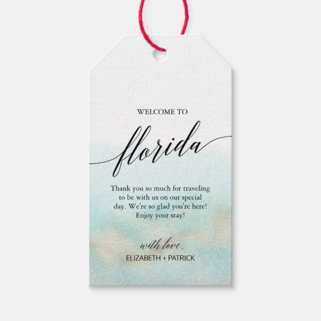 Étiquettes-cadeau Aqua Gold Beach Bienvenue à Florida Mariage (Devant)