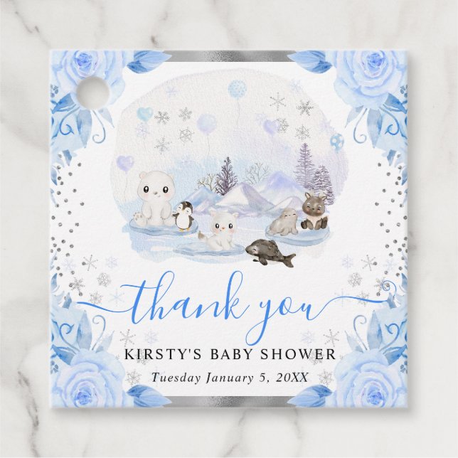 Étiquettes Cadeau Aquarelle Animaux arctiques Baby shower floral (Devant)