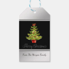 Étiquettes-cadeau Aquarelle Arbre de Noël, Noir, Argent