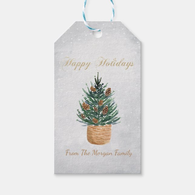 Étiquettes-cadeau Aquarelle Arbre de pin, cônes de pin Neige (Devant)