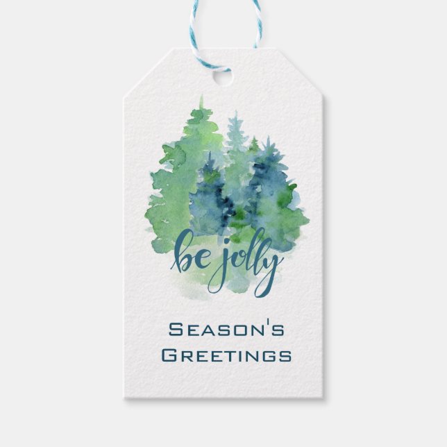 Étiquettes-cadeau Aquarelle Arbre de pins Joyeuses Fêtes personnalis (Devant)