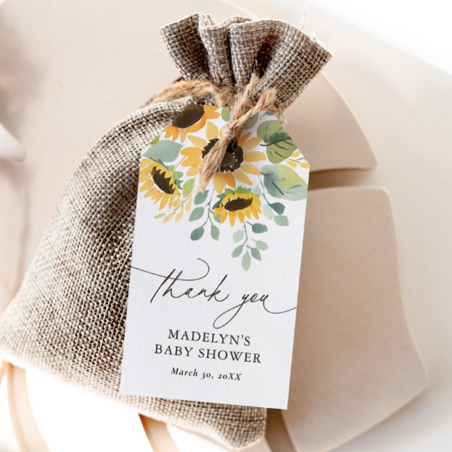 Étiquettes-cadeau Aquarelle Baby shower de tournesol Favoriser les é (Créateur téléchargé)