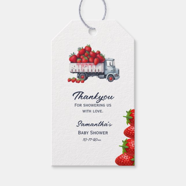 Étiquettes-cadeau Aquarelle baby shower fraise bleu remerciement (Devant)