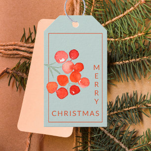 Étiquettes-cadeau Aquarelle Baies rouges Joyeux Noël Monnaie bleue