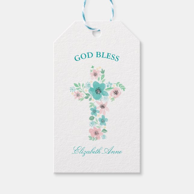Étiquettes-cadeau Aquarelle Baptisée Croix rose et Turquoise (Devant)