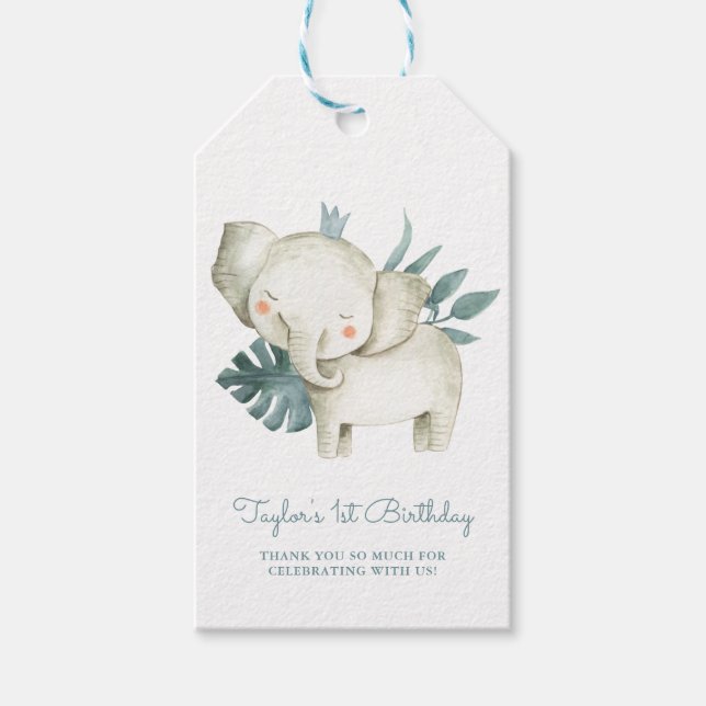 Étiquettes-cadeau Aquarelle bébé éléphant Prince Tropical Anniversai (Devant)