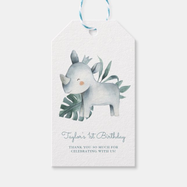 Étiquettes-cadeau Aquarelle Bébé Rhinoceros Anniversaire de enfant t (Devant)