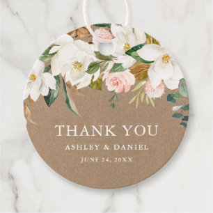 Étiquettes Cadeau Aquarelle blanc Magnolias Rose Mariage Kraft