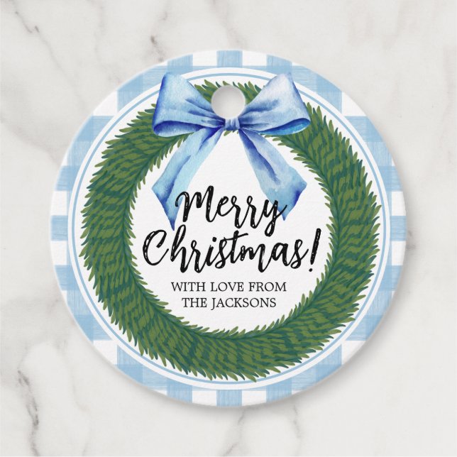 Étiquettes Cadeau Aquarelle bleu Bow couronne de Noël (Devant)