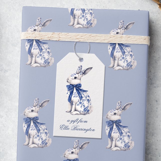 Étiquettes-cadeau Aquarelle Bleu et blanc Chinoiserie Lapin Rabbit (Créateur téléchargé)