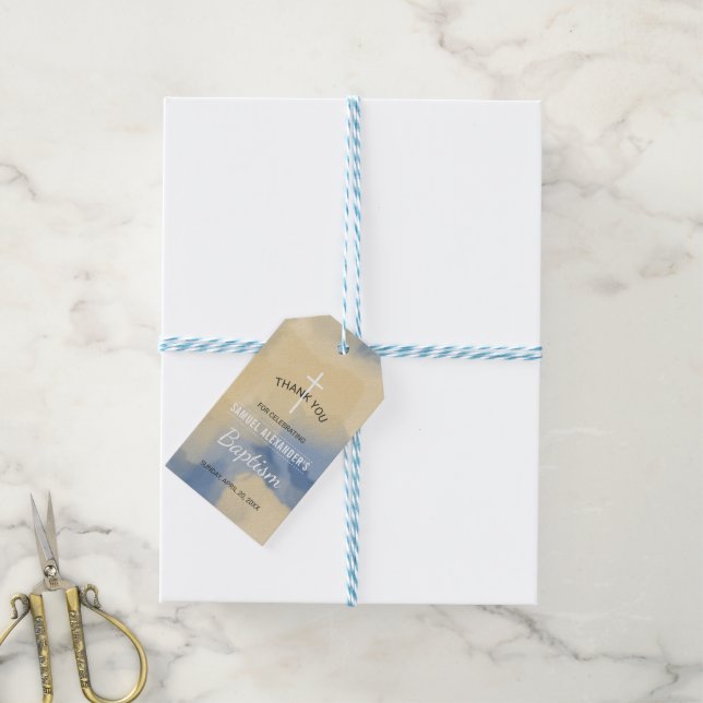 Étiquettes-cadeau Aquarelle bleu et or Boy Baptême Merci (Avec de laficelle)