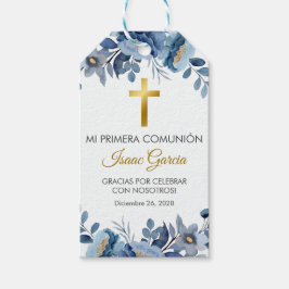 Étiquettes-cadeau Aquarelle bleu Fleurs en première communion espagn