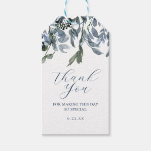 Étiquettes-cadeau Aquarelle Bleu Floral Script Merci Daté