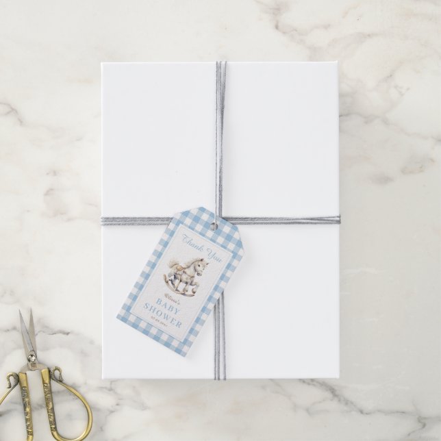 Étiquettes-cadeau Aquarelle bleu plaid Baby shower à cheval rocheux (Avec de la ficelle)