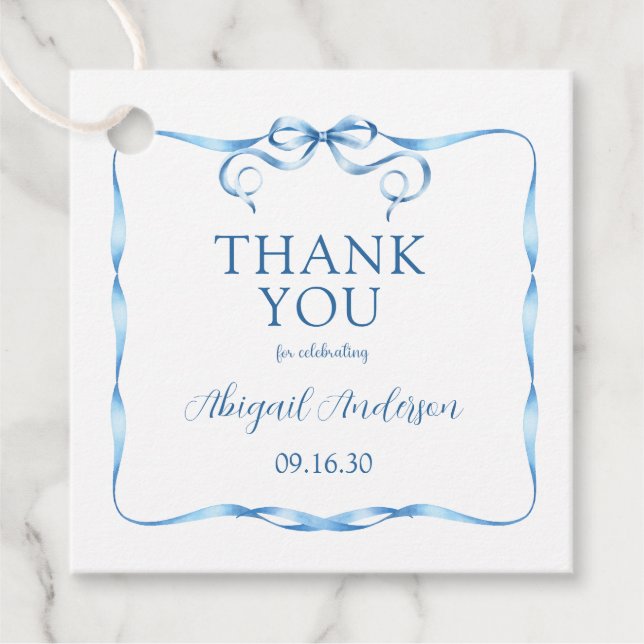 Étiquettes Cadeau Aquarelle Bleu Ruban Bébé Merci d'arrosage (Devant)