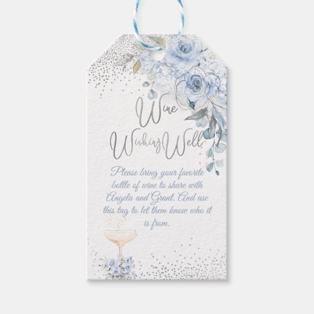 Étiquettes-cadeau Aquarelle bleue Dusty Rose Vin Wishing well (Devant)