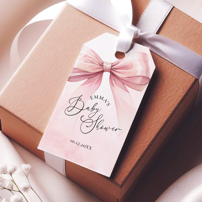 Étiquettes-cadeau Aquarelle Blush Pink Bow Baby Girl Douche (Créateur téléchargé)