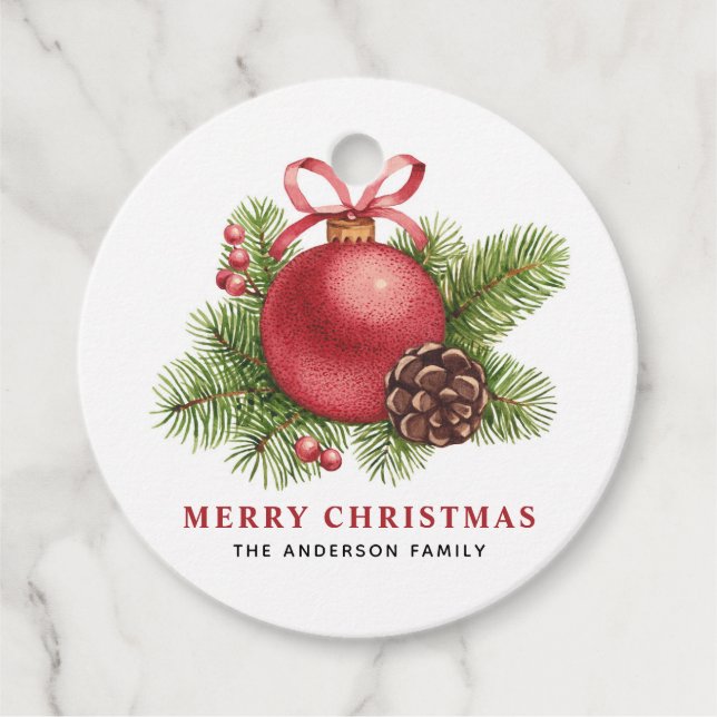 Étiquettes Cadeau Aquarelle Boule rouge Ornement Joyeux Noël (Devant)