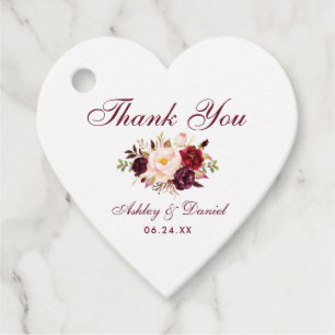 Étiquettes Cadeau Aquarelle Bourgogne Floral Mariage Coeur Merci