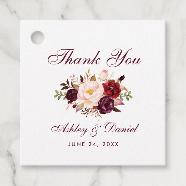 Étiquettes Cadeau Aquarelle Bourgogne Mariage Floral Merci (Devant)