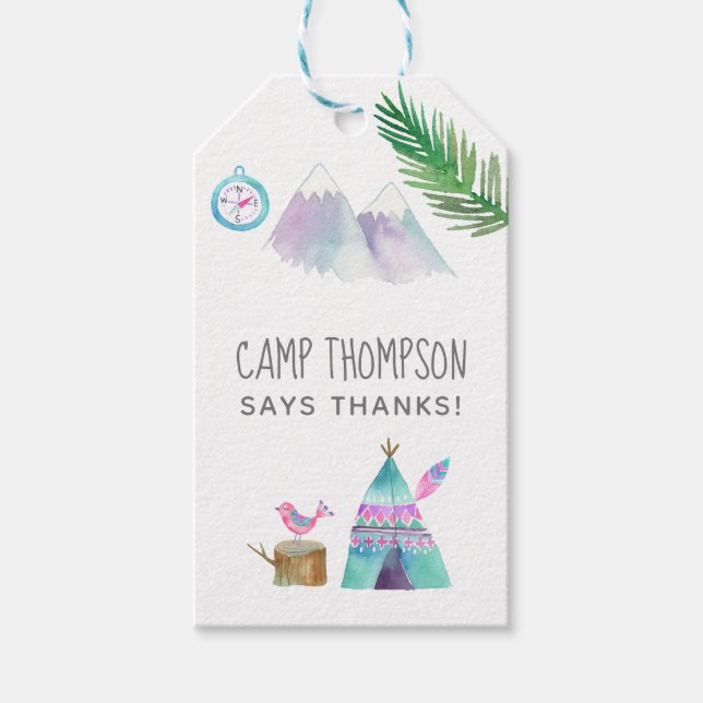 Étiquettes-cadeau Aquarelle Camping Anniversaire Merci de fête (Devant)
