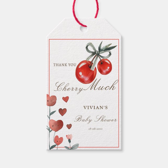 Étiquettes-cadeau Aquarelle cerise et coeur Merci floral (Devant)