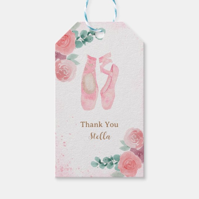 Étiquettes-cadeau Aquarelle Chaussures Ballerina Rose, Merci (Devant)
