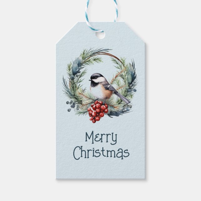 Étiquettes-cadeau Aquarelle Chickdee Oiseau Ornement de Noël Art (Devant)