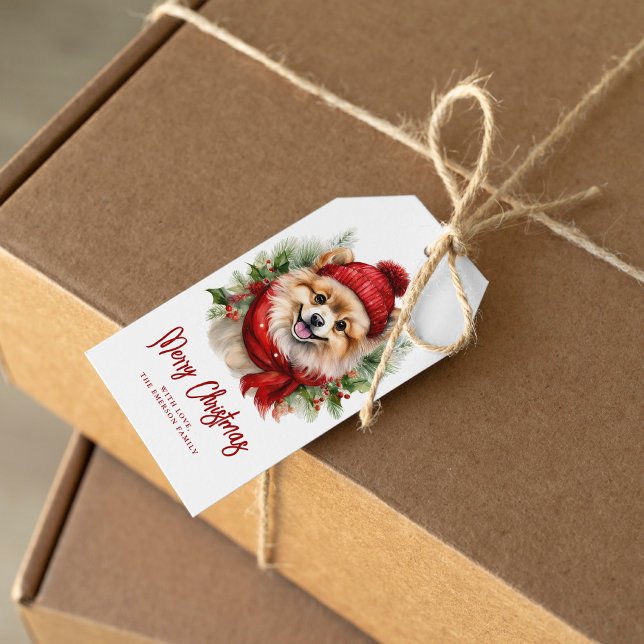 Étiquettes-cadeau Aquarelle Chien de Poméranie de Noël (Créateur téléchargé)