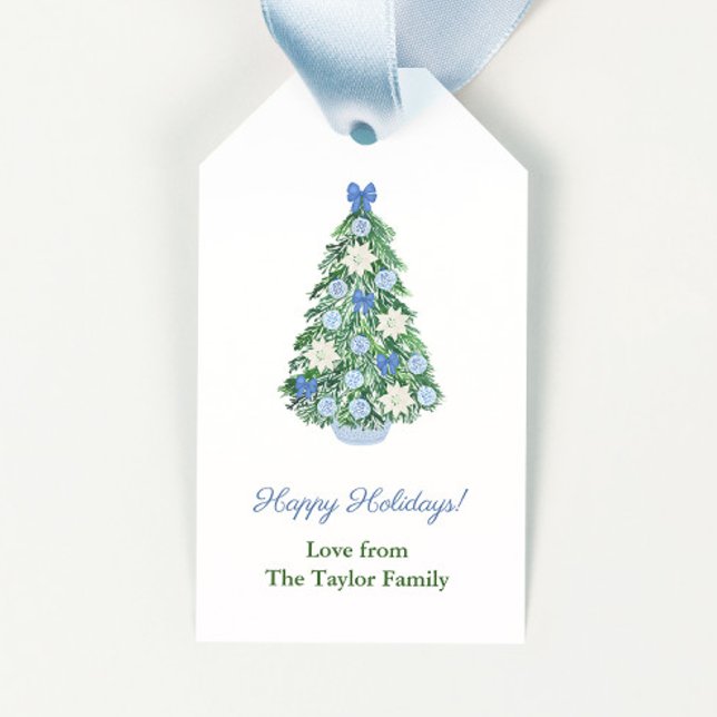 Étiquettes-cadeau Aquarelle Chinoiserie Arbre Chic Joyeux Noël (Christmas tree with maximalist ornate blue and white ornaments happy holidays gift tags)