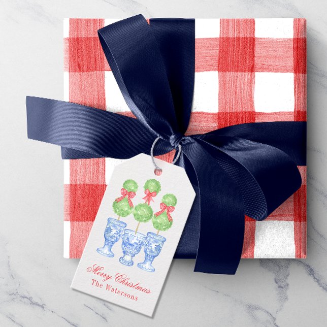 Étiquettes-cadeau Aquarelle Chinoiserie Christmas Bow Topiary (Créateur téléchargé)