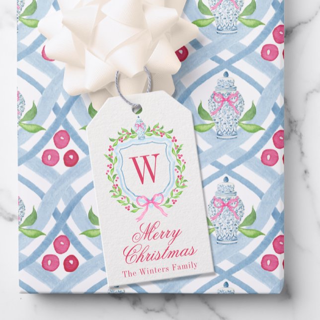 Étiquettes-cadeau Aquarelle Chinoiserie Ginger Jar Monogram Crest (Créateur téléchargé)