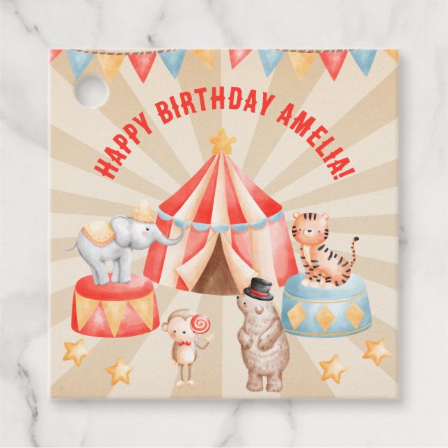 Étiquettes Cadeau Aquarelle Cirque Animaux Anniversaire (Devant)